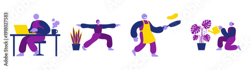 Flat Vector Lifestyle Character Asset Sheet for Remote Work and Wellness Balance