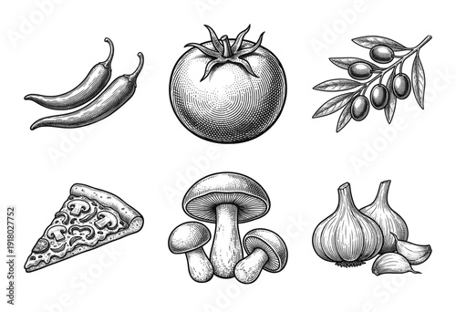 Vintage woodcut illustration set of pizza ingredients featuring tomato, olives, chili peppers, garlic, mushrooms, and a pizza slice in an engraved drawing style.