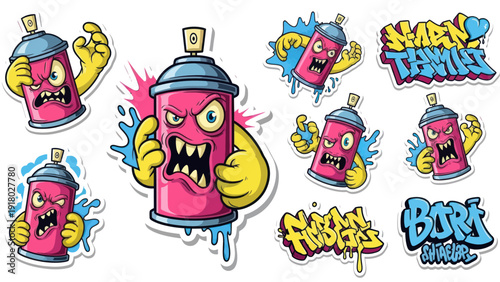 Cartoon graffiti spray cans with angry expressions and colorful design elements