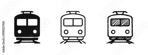 Set of Train Icons in Different Styles: Silhouette, Outline, and Hand-Drawn Doodle for Public Transportation