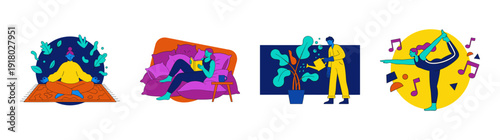 Flat Vector Self Care Wellness Character Graphic Set for Mental Health and Lifestyle Branding