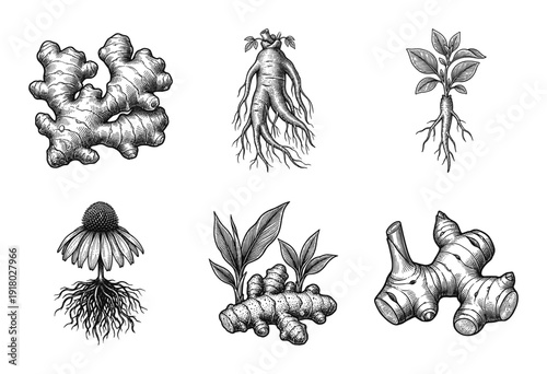 Collection of vintage hand drawn botanical sketches featuring ginger, ginseng, echinacea, and turmeric roots in a detailed engraving style.