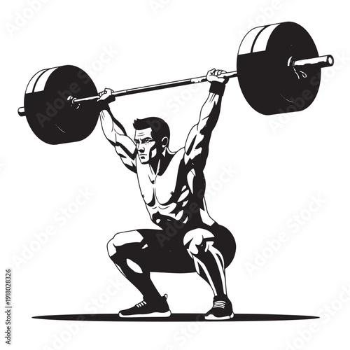 Athletic weightlifter performing an overhead barbell lift in a dynamic pose.