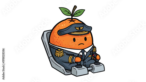 Citrus Pilot Ready for Takeoff: A whimsical illustration of an anthropomorphic orange, complete with a pilot's hat and uniform, sits confidently in an airplane seat, ready for flight.