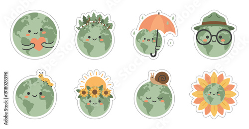 Cute Earth Day Sticker Set, Kawaii Planet Illustrations