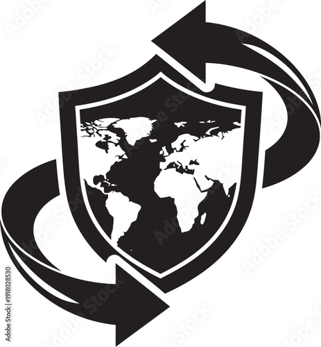 Global protection shield with world map and arrows, symbolizing international security and defense concept