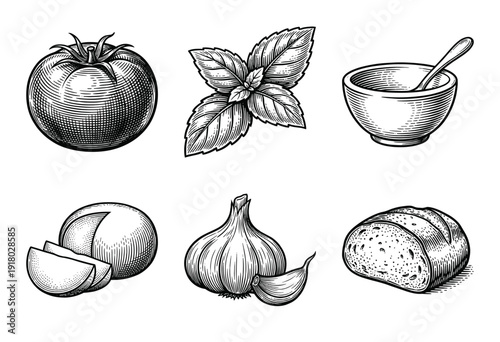 Italian culinary ingredients set featuring hand drawn engraving style illustrations of tomato basil garlic cheese and rustic bread