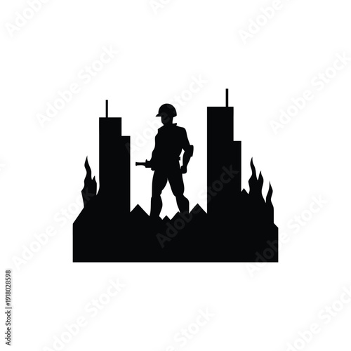 Soldier standing on mountain peaks silhouette