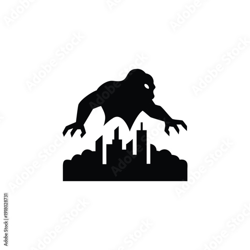 Monster silhouette towers over cityscape illustration