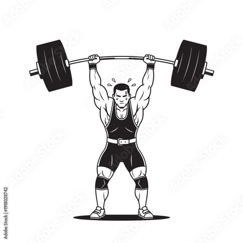 Strong weightlifter lifts a heavy barbell overhead in a monochrome illustration.