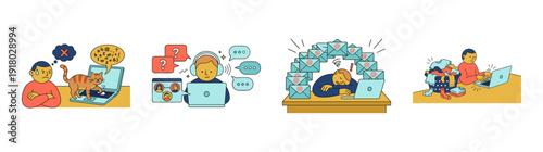 Flat Vector Remote Work Challenges Graphic Set for Professional Productivity and Telecommuting Balance