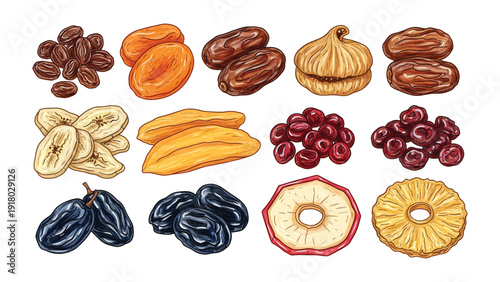 Exotic Dried Delights: An array of vibrant dried fruits arranged, showcasing their unique textures and flavors, perfect for culinary and health-conscious concepts.