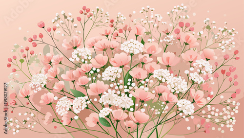 Very beautiful flat lay composition of soft pink gypsophila flowers arranged as a delicate floral background, offering a romantic and airy spring aesthetic with gentle texture and harmony.