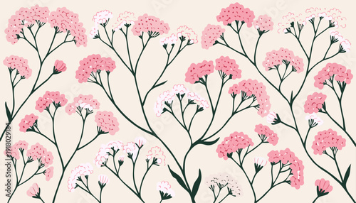 Very beautiful flat lay composition of soft pink gypsophila flowers arranged as a delicate floral background, offering a romantic and airy spring aesthetic with gentle texture and harmony.