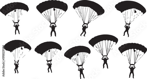 Skydivers in Formation with Parachutes Open Wide in Air