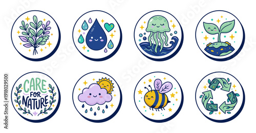 Cute Eco Friendly Nature Sticker Set Vector Illustration
