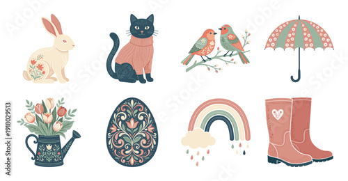 Spring Easter Vector Sticker Set in Folk Art Style