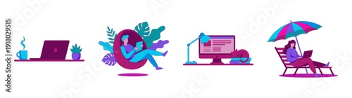 Flat Vector Remote Work and Digital Nomad Illustration Element Kit for Freelance Lifestyle Branding
