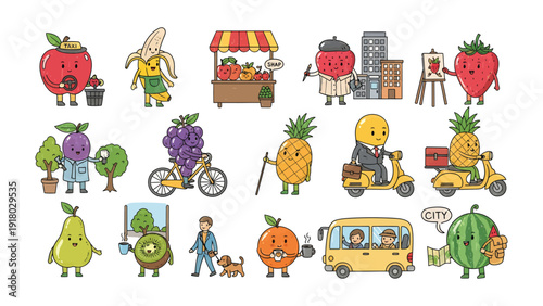 Fruit Characters' City Adventure: Playful and whimsical fruit characters engage in various city activities, creating a vibrant and charming illustration that brings a smile to your face.