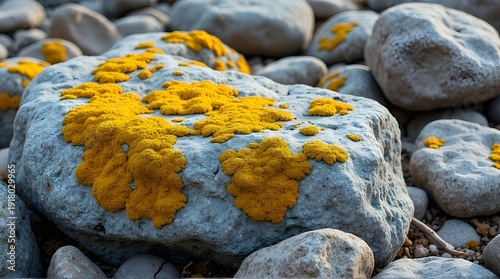 Yellow Lichen Growing on Weathered Coastal Rocks and Pebbles at a Rocky Shoreline