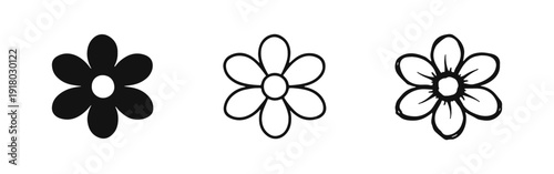 Set of Hand-Drawn Daisy Flower Icons: Solid, Outline, and Sketch Styles