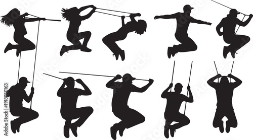 Silhouettes of people jumping and playing with ropes freely