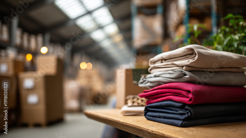 Aesthetic stacks of folded textiles, finished garment bundles display, warehouse organization shown, factory logistics with localized colors visible, orderly industrial environment
