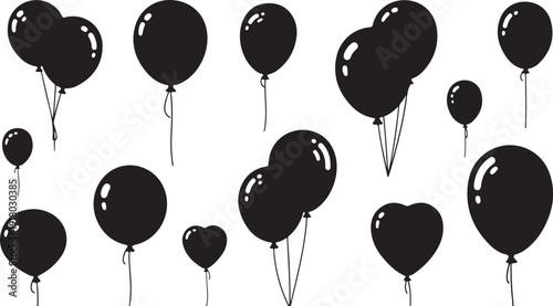 Black balloons floating on white background in festive scene
