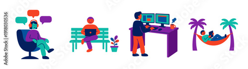 Flat Vector Remote Work Lifestyle Illustration Set for Flexible Career and Digital Nomadism Concepts