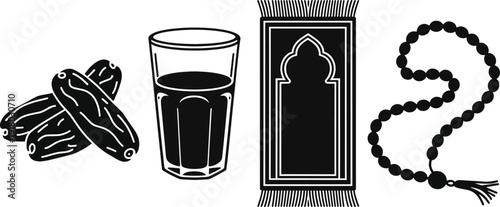 Ramadan and Islamic culture glyph icon collection. Includes dates, water, prayer rug, and prayer beads symbols. Created in solid black and white style with a monochrome palette.