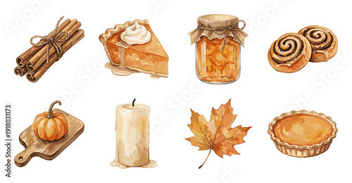 Autumn Harvest Food and Decor Sticker Set, Vector Illustration