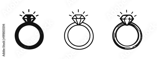 Diamond Ring Icon Set in Solid, Outline, and Hand-Drawn Styles, Perfect for Jewelry and Engagement Themes.