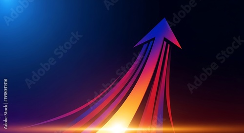 A vibrant upward-pointing arrow with colorful light trails, on a dark blue background