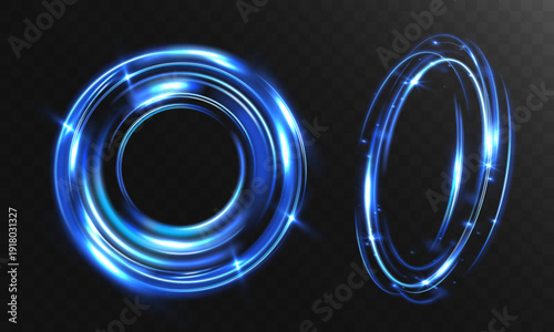 Glowing blue light rings with dynamic motion trails and sparkling particles on transparent background. Futuristic circular energy effect ideal for technology, digital, and sci-fi design projects.
