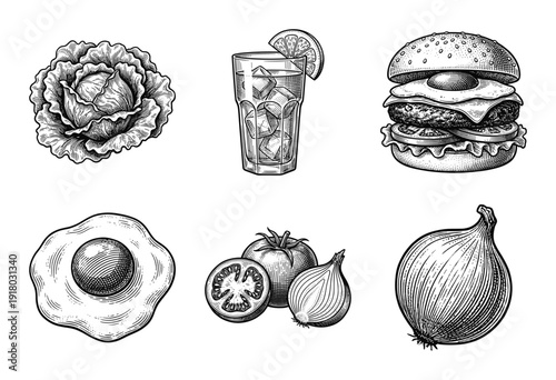 Vintage hand drawn food collection featuring burger, vegetables, fried egg, and iced beverage in woodcut engraving style.