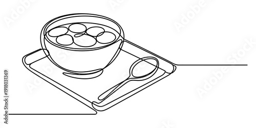 Minimalist continuous line drawing of a bowl of soup with round dumplings and a spoon on a tray. Vector, illustration