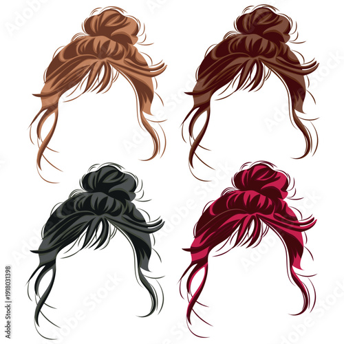 set of ready-made templates of women's hairstyles with a careless bun and short bangs in different colors, for design or decoration of female characters