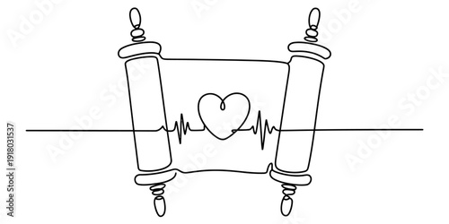 Continuous line drawing of a torah scroll with a heart and heartbeat symbol in the center Vector, illustration