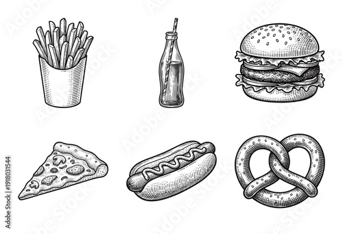 Vintage hand drawn fast food collection featuring a burger hot dog pizza slice fries soda bottle and pretzel in detailed woodcut engraving style.