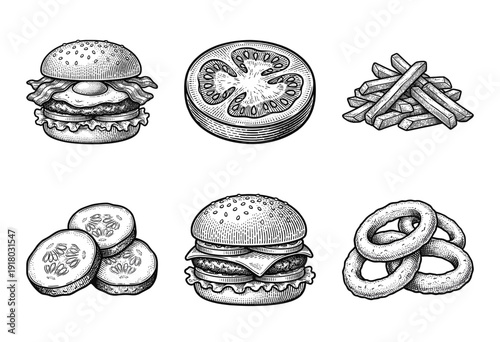 Vintage woodcut style fast food set featuring gourmet burgers with fried eggs bacon French fries onion rings tomato and cucumber slices