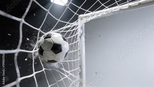 Soccer Ball in Net With Copy Space On Right. Design Concept for Football World Cup 2026.