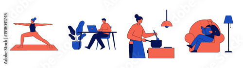 Flat Vector Daily Routine People Lifestyle Element Kit for Work Life Balance Wellness Graphic Set