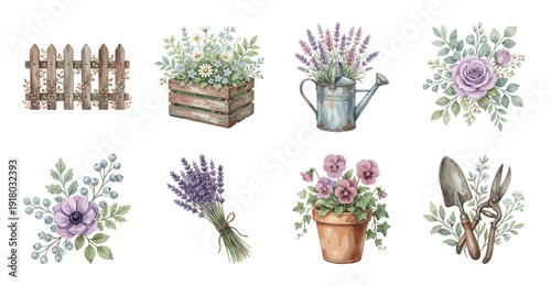 Rustic Garden Stickers Set with Watercolor Flowers and Tools