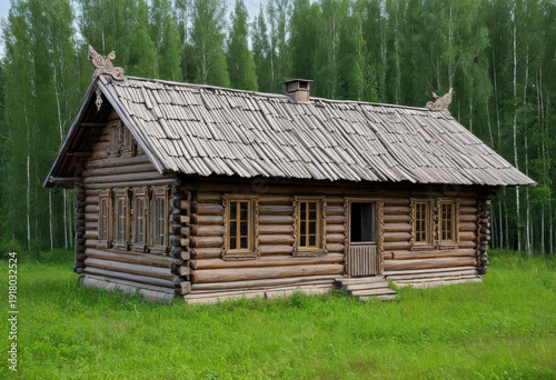 Historic izba in rural Russia, made of logs with ornate carved windows