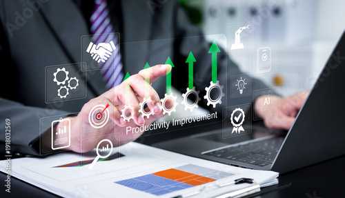 Quadro su tela Businessman solves complex problems to improve productivity, illustrating strategic thinking, efficient workflow optimization, and performance enhancement in modern business operations