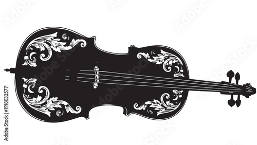 Elegant black decorative violin with white ornate floral inlay on a dark background.