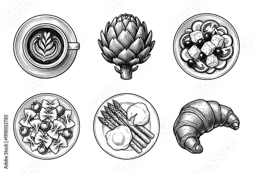 Vintage hand drawn food and beverage collection featuring latte art coffee artichoke salad pasta eggs with asparagus and croissant in woodcut style.