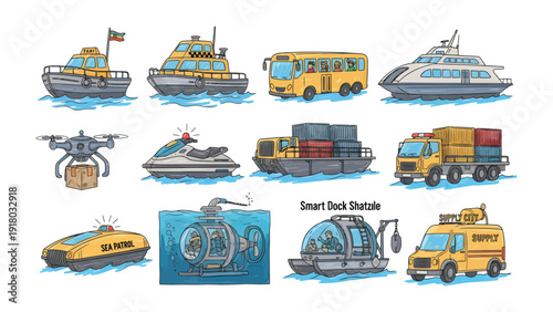 Vessel and Transport Collection: A colorful collection of various vehicles, including a bus, ship, drone, submarine and a truck, suitable for any transportation-related project or design. 