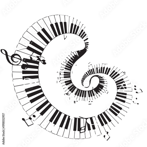 Spiraling piano keyboard illustration with musical notes.