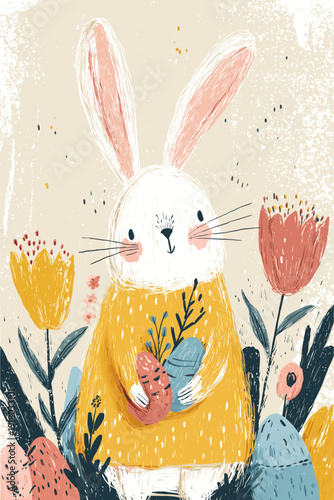 Happy Easter bunny finding colorful eggs in spring field banner. Cute bunny standing among pastel colored Easter eggs and stylized spring plants